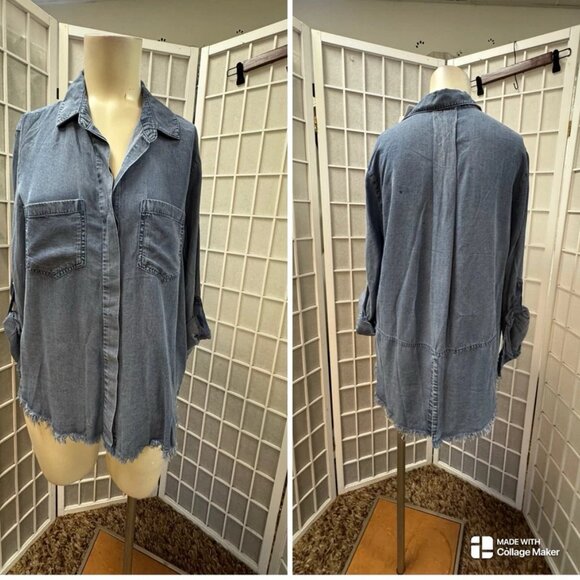 Heart velvet blouse, women,Jeans,size M,blue,Tencel,long sleeves,pockets, button - Picture 2 of 13